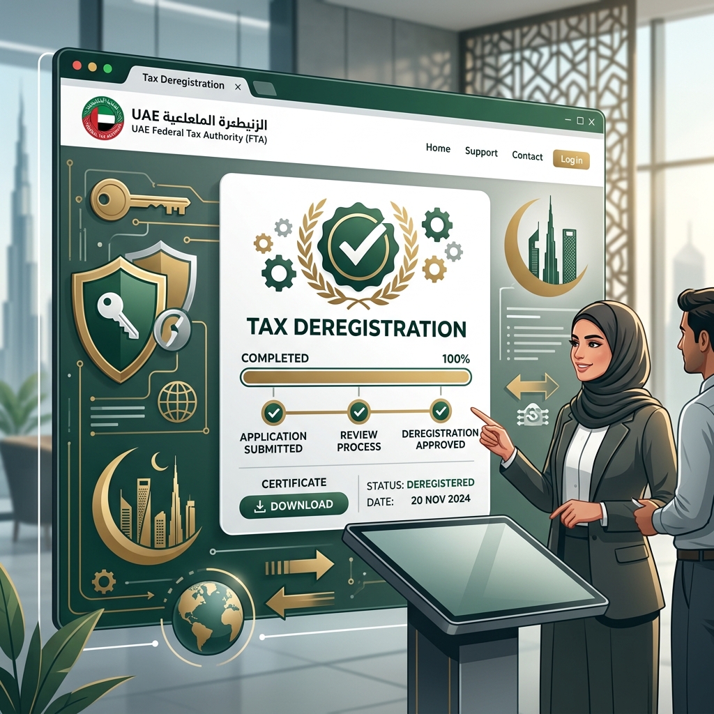 Institutional illustration of UAE Corporate Tax deregistration process and FTA compliance